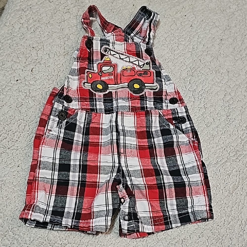 Plaid Kids Overalls with Fire Truck Design